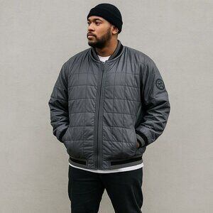 AK Cess Quilted Bomber Jacket Mens 3XL Dark Gray Y2K Nylon Puffer Hybrid Coat